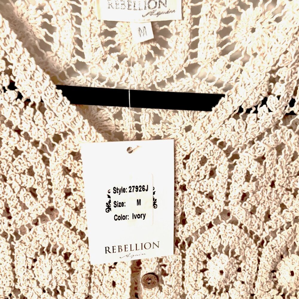 Rebellion Crocheted Cardigan Women's M Cropped Sweater Cream  NEW - Picture 8 of 13
